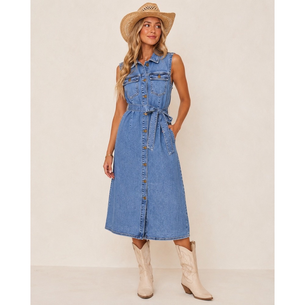Denim Dress Light Wash Americana Rustic Bonfire Coastal Cowgirl Western Midi LG